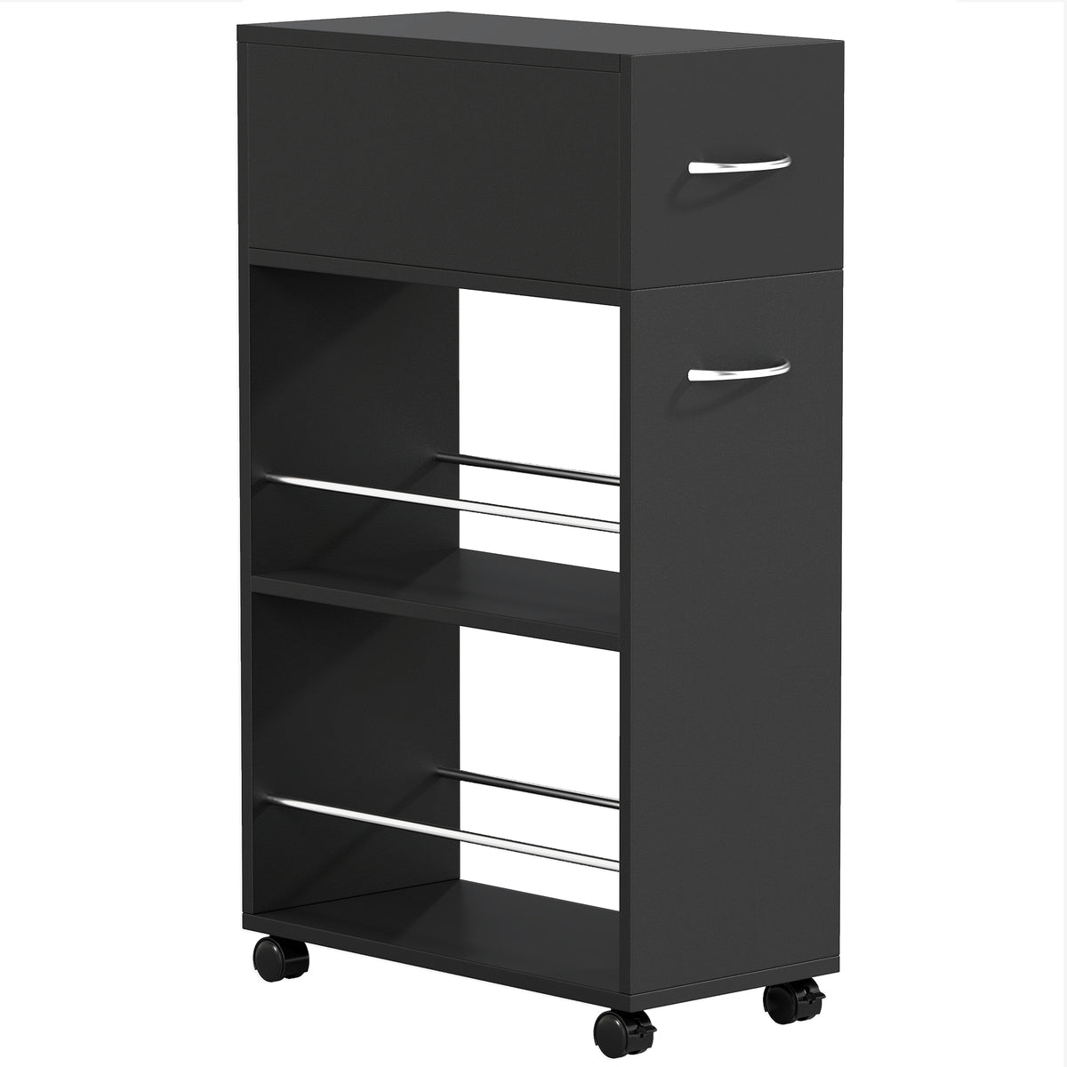 Photo of HOMCOM Rolling Storage Unit, 3-Tier Kitchen Cart Trolley with Drawer, Surface Top and 4 Universal Wheels, Black in Black colour on a white background