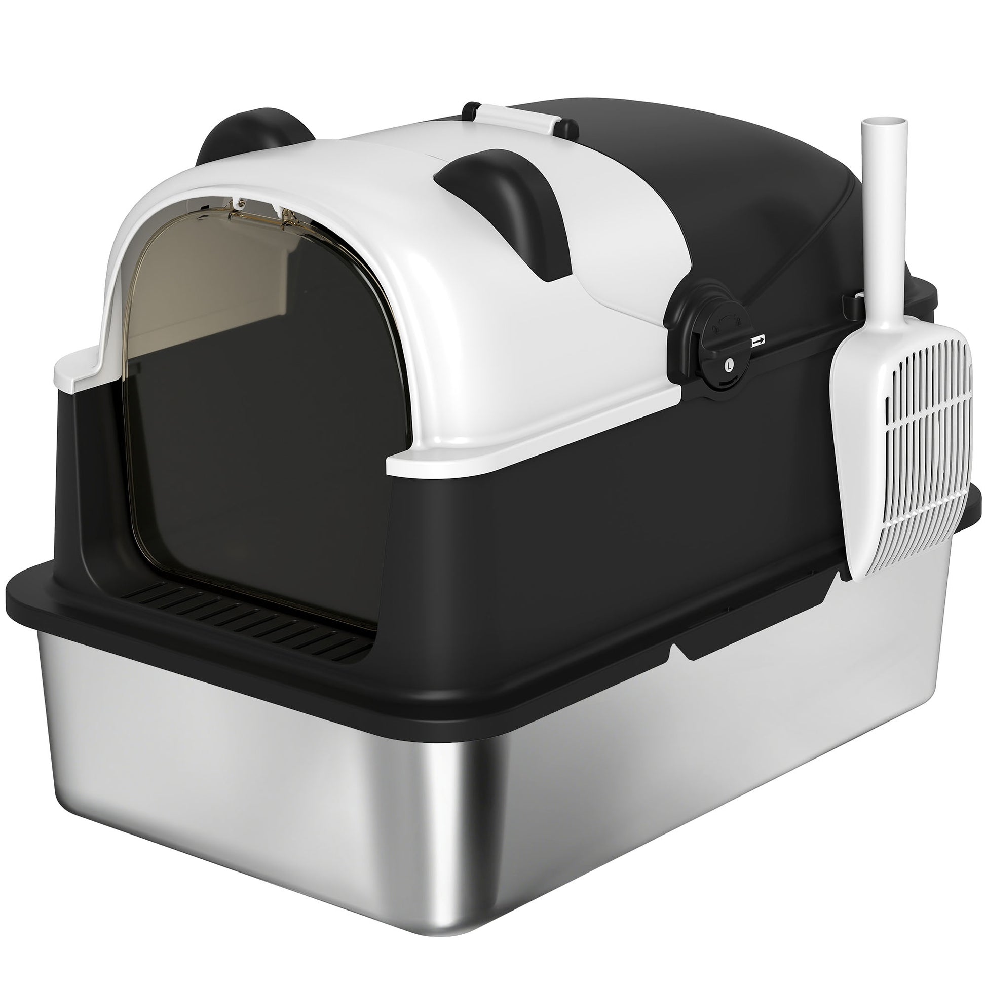 Photo of PawHut Panda Style XL Stainless Steel Cat Litter Box with Lid, Enclosed Kitty Litter Box with Scoop, 60 x 40 x 45 cm in cm colour on a white background
