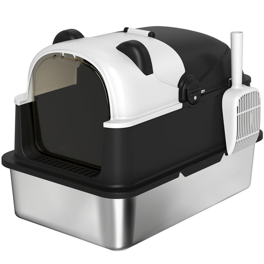 Photo of PawHut Panda Style XL Stainless Steel Cat Litter Box with Lid, Enclosed Kitty Litter Box with Scoop, 60 x 40 x 45 cm in cm colour on a white background