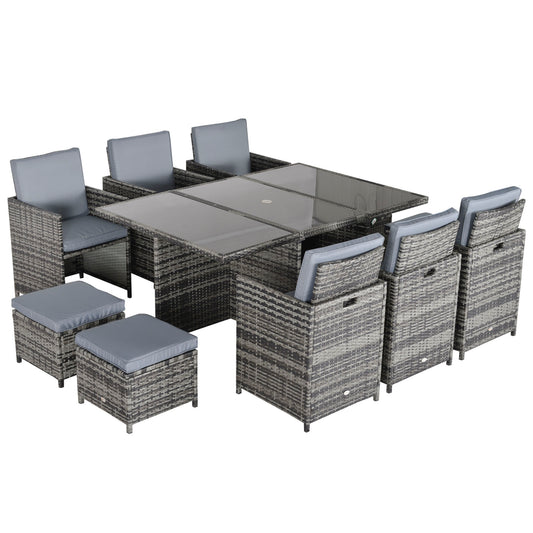 Photo of Outsunny 10 Seater Rattan Cube Garden Furniture Set with Parasol Hole, Rattan Dining Set with Cushions, Outdoor Dining Table and Chairs with Rectangular Glass Top Table for Patio, Mixed Grey in Grey colour on a white background