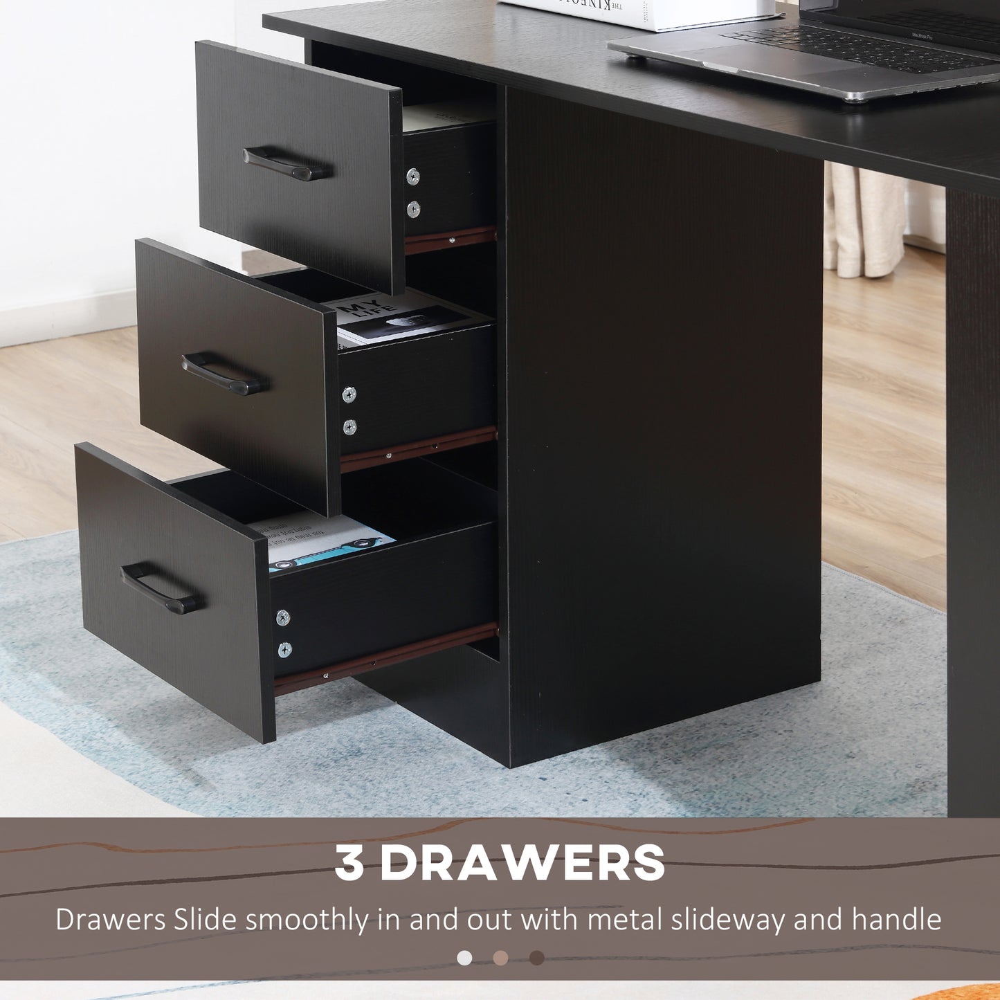 HOMCOM Computer Desk with Drawers, Home Office Desk, Writing Table, PC Workstation with 3 Storage Shelves for Working, Study, 120 x 49 x 72 cm, Black