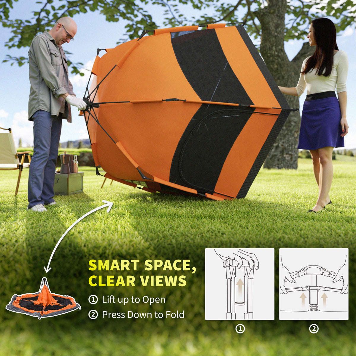 Outsunny 3 Man Instant Pop Up Tent with Rainfly, Portable Camping Shelter with Sewn-in Groundsheet, Carry Bag, Orange