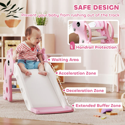 Toddler slide with pink giraffe sides, white slide bed, and protective handrails