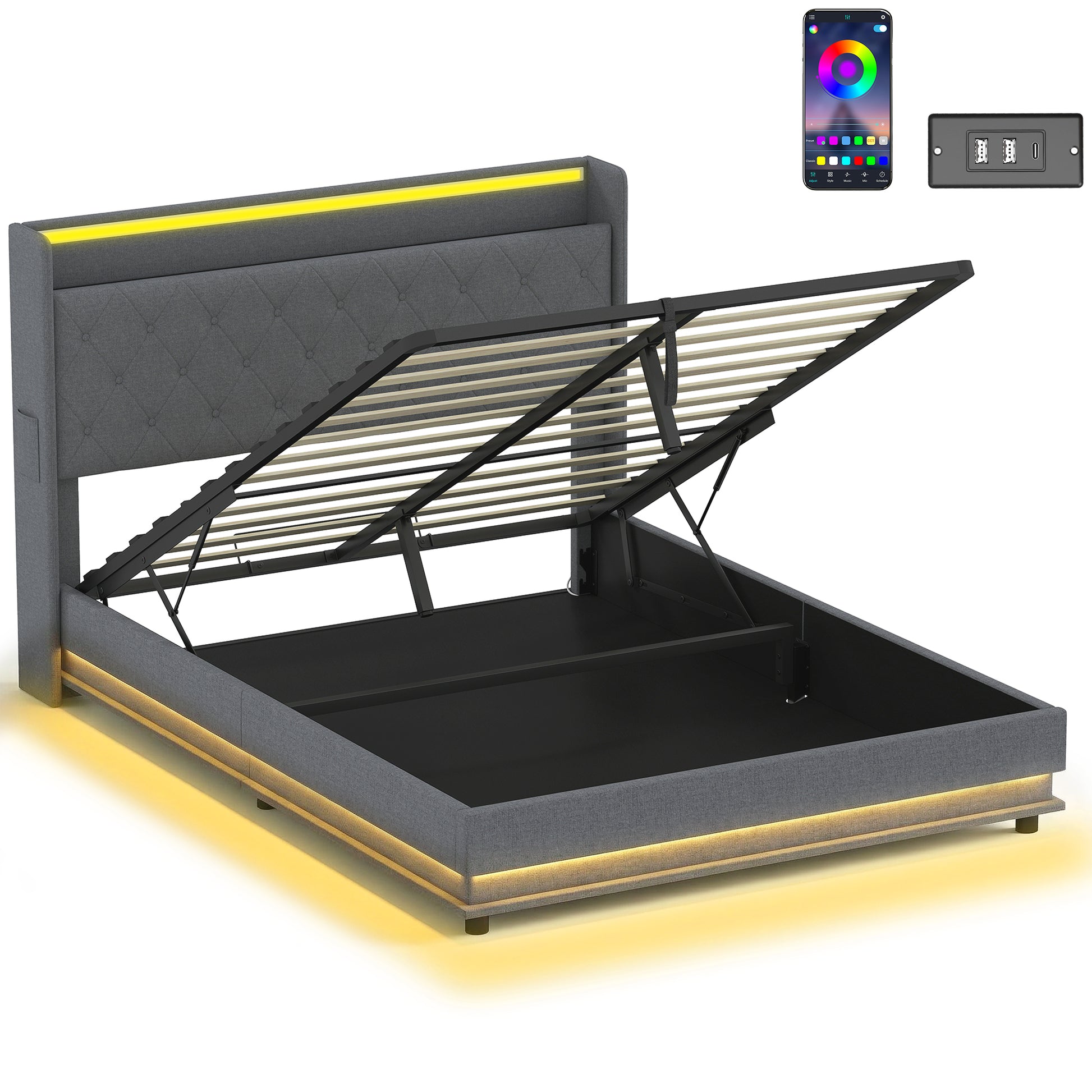 Photo of HOMCOM 5ft King Bed Frame with Headboard, Platform Bed Frame with Hydraulic Storage, LED Lights and Charging Station, Grey in Grey colour on a white background
