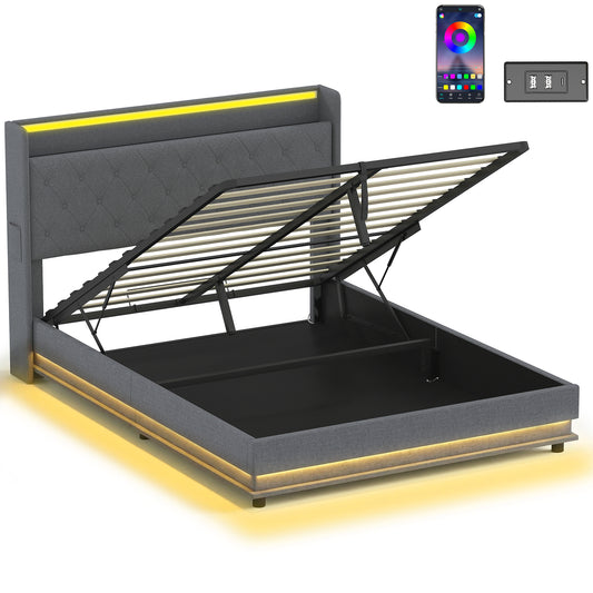 Photo of HOMCOM 5ft King Bed Frame with Headboard, Platform Bed Frame with Hydraulic Storage, LED Lights and Charging Station, Grey in Grey colour on a white background