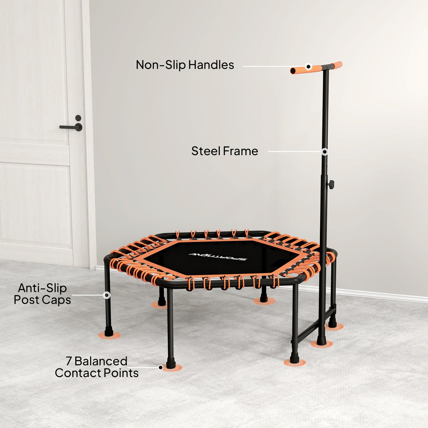SPORTNOW 45" Rebounder Trampoline for Adults, Quiet Bungee Rebounder with LED Lights and Adjustable Handle, Orange
