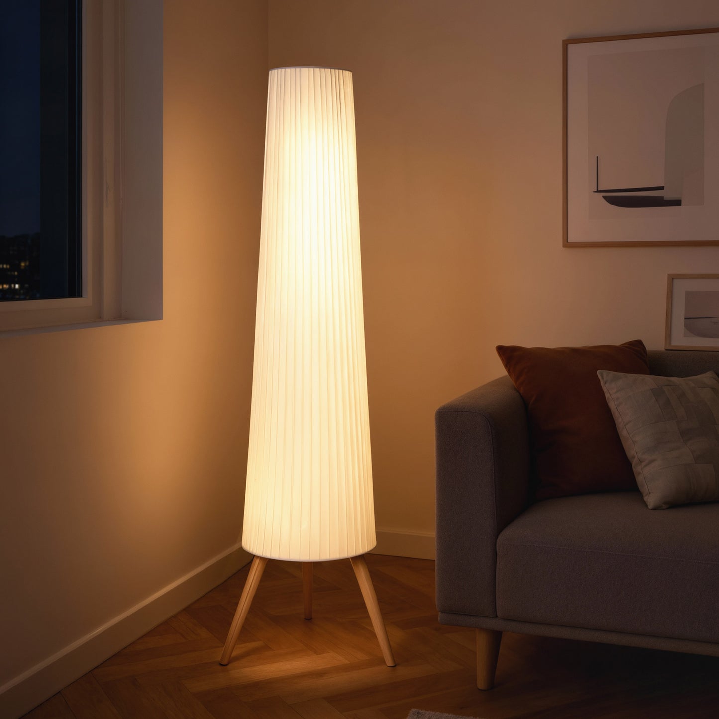 HOMCOM Dimmable Tripod Floor Lamp with Foot Switch, Nordic Standing Lamp with Fabric Shade, 153cm, White, White and Natural