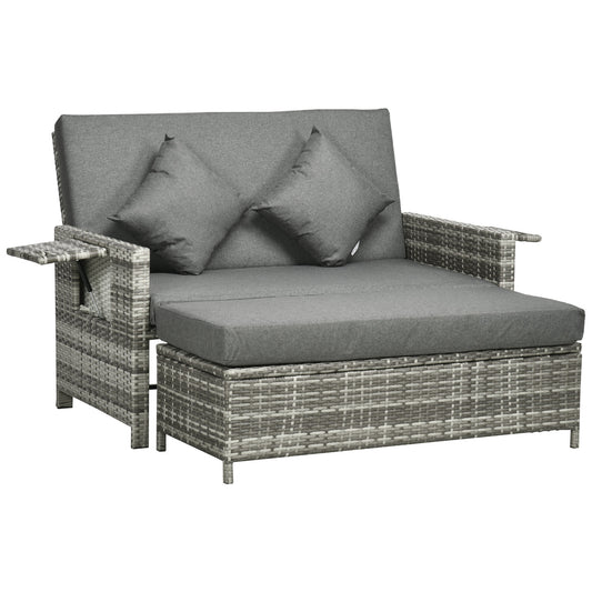 Photo of Outsunny Rattan Garden Daybed, Assembled Double Sun Lounger with 5-Level Adjustable Back, Storage Ottoman, Cushions, Pillows and Retractable Trays, Outdoor Loveseat Sofa Bed for Patio, Mixed Grey in Grey colour on a white background