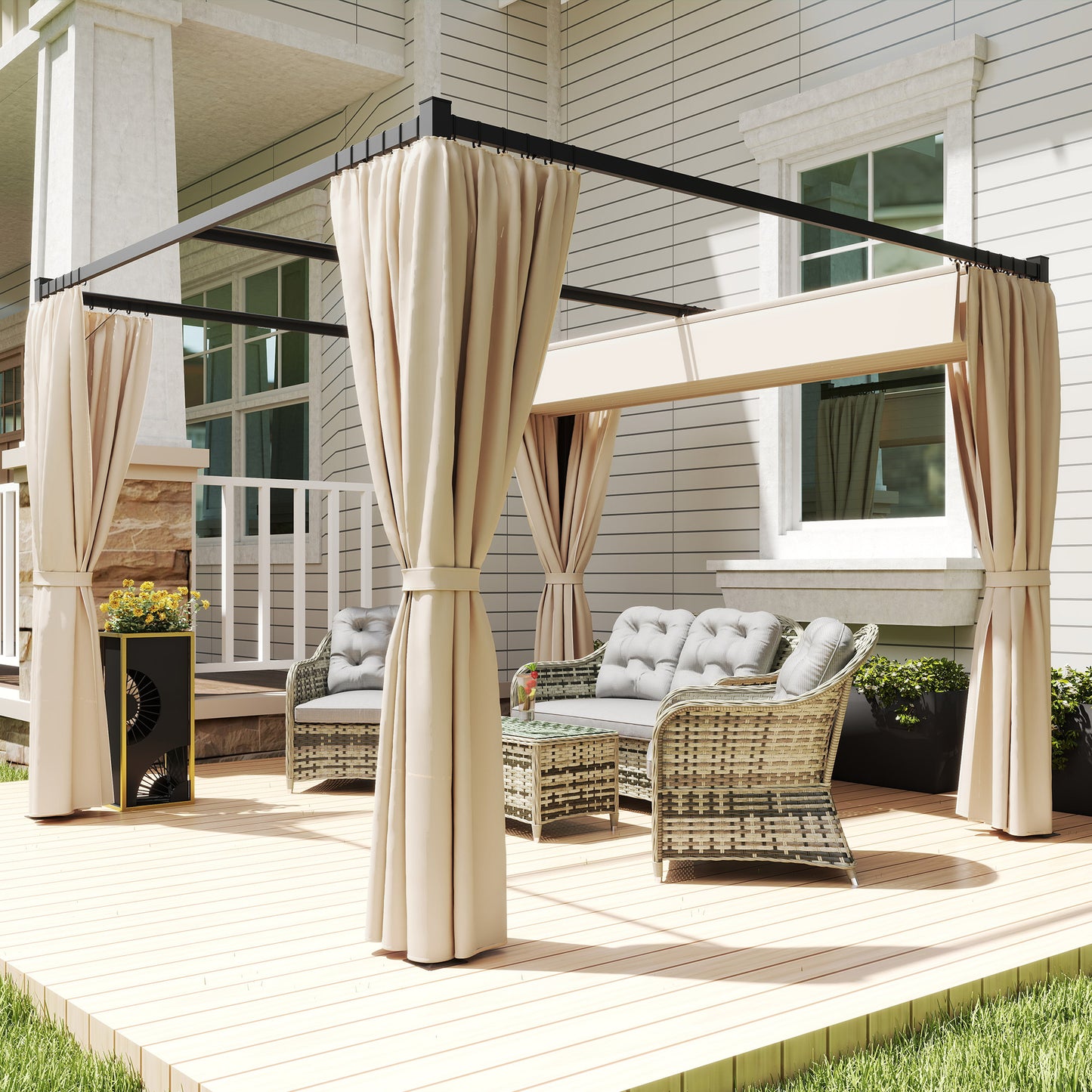 Outsunny 3 x 3m Retractable Pergola with Curtains, Metal Garden Gazebo Canopy for Patio, Deck & Outdoor Dining, UV-Resistant, Beige