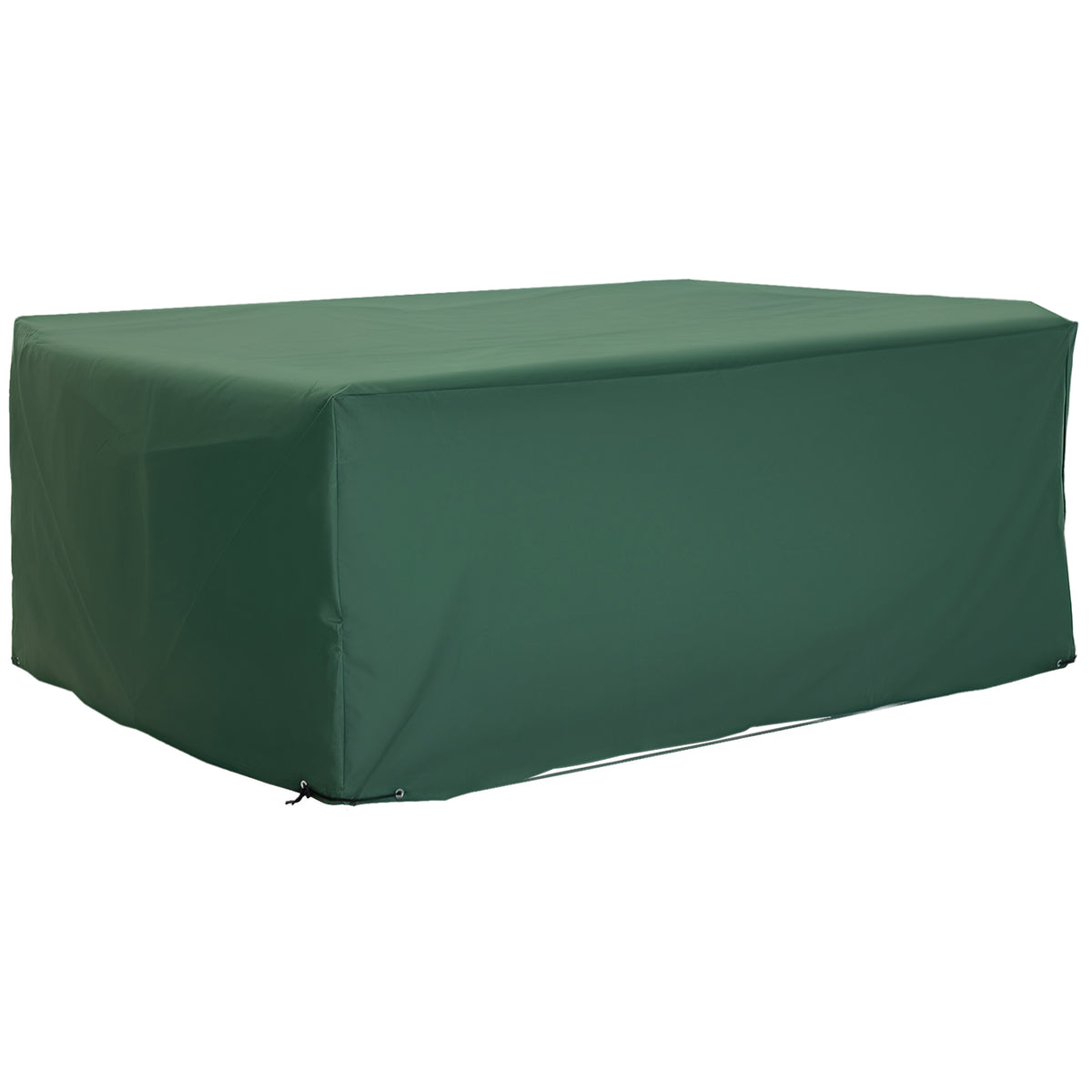 Green rectangular outdoor furniture cover with full-length sides and fitted corners