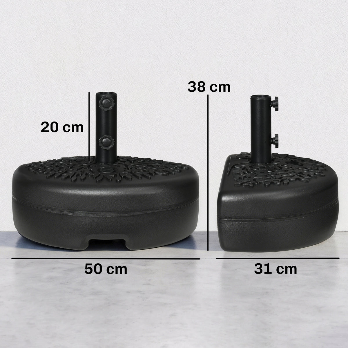 Black half-parasol base shown from front and side, measuring 50 by 31 cm and 38 cm tall