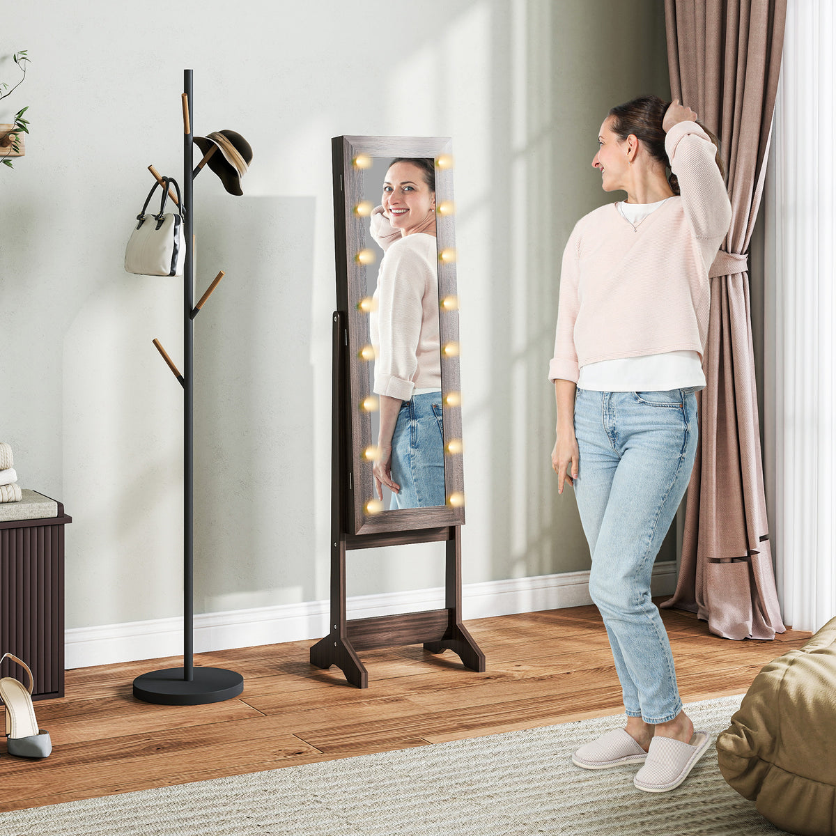 HOMCOM Freestanding Mirrored Jewellery Storage Cabinet - Dark Brown