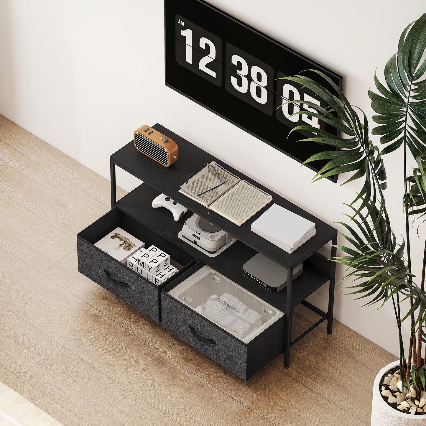 HOMCOM TV Stand Cabinet with 2 Foldable Drawers - Black