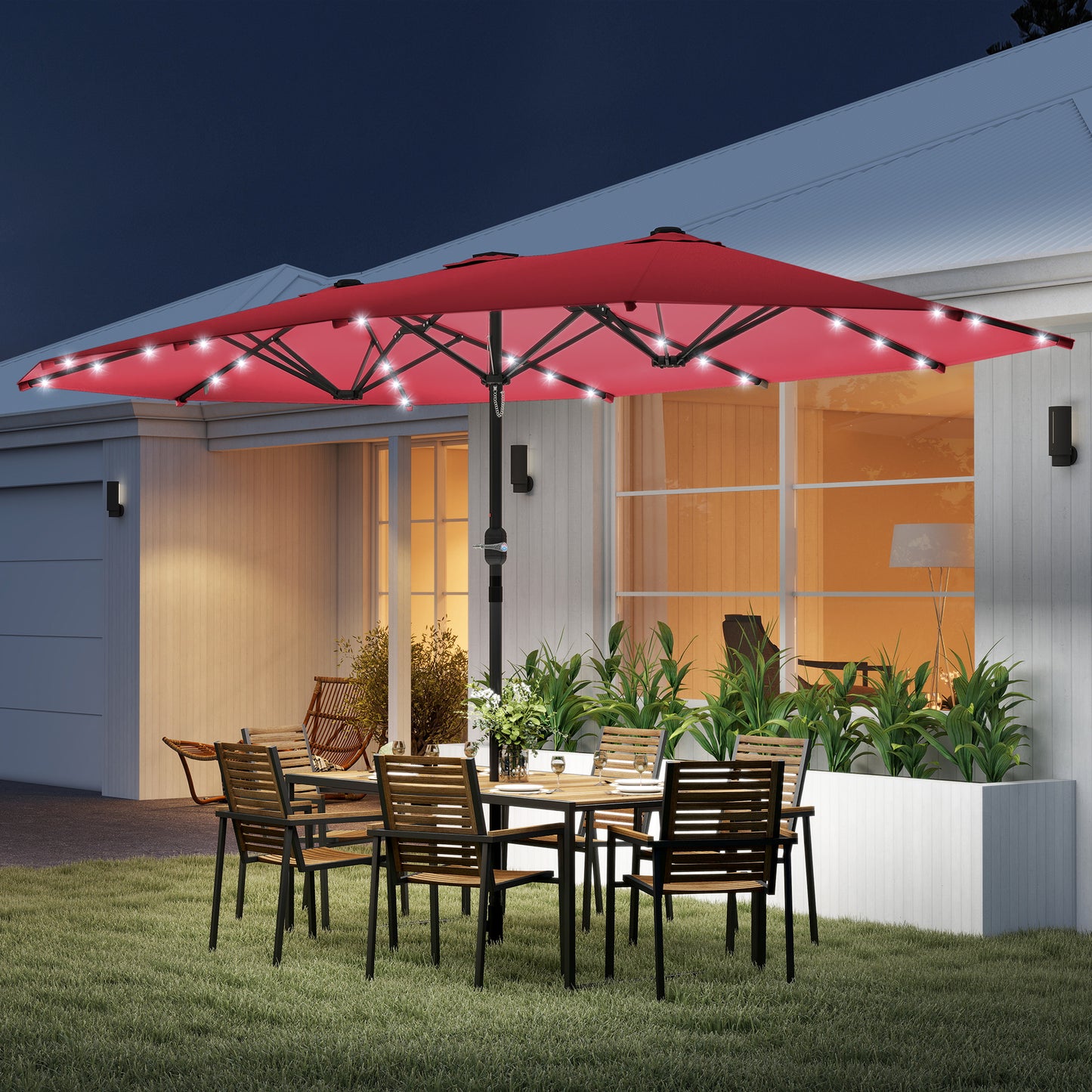 Outsunny 4.4m Double-Sided Sun Umbrella Patio Parasol LED Solar Lights Red