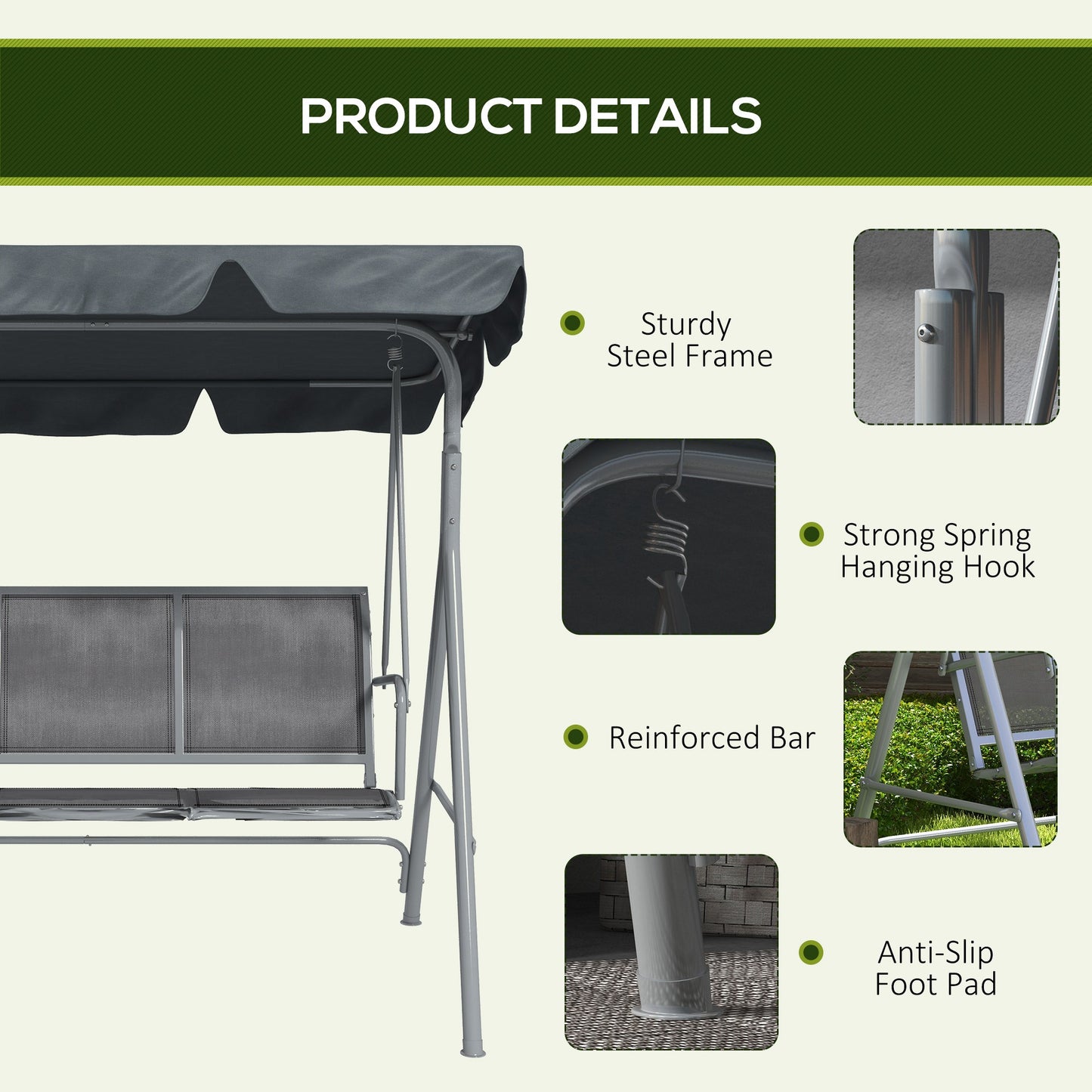 Outsunny 3 Seater Swing Chair, Garden Swing Bench with Adjustable Tilting Canopy, Breathable Mesh Seat and Heavy Duty Metal Frame for Patio, Garden, Dark Grey
