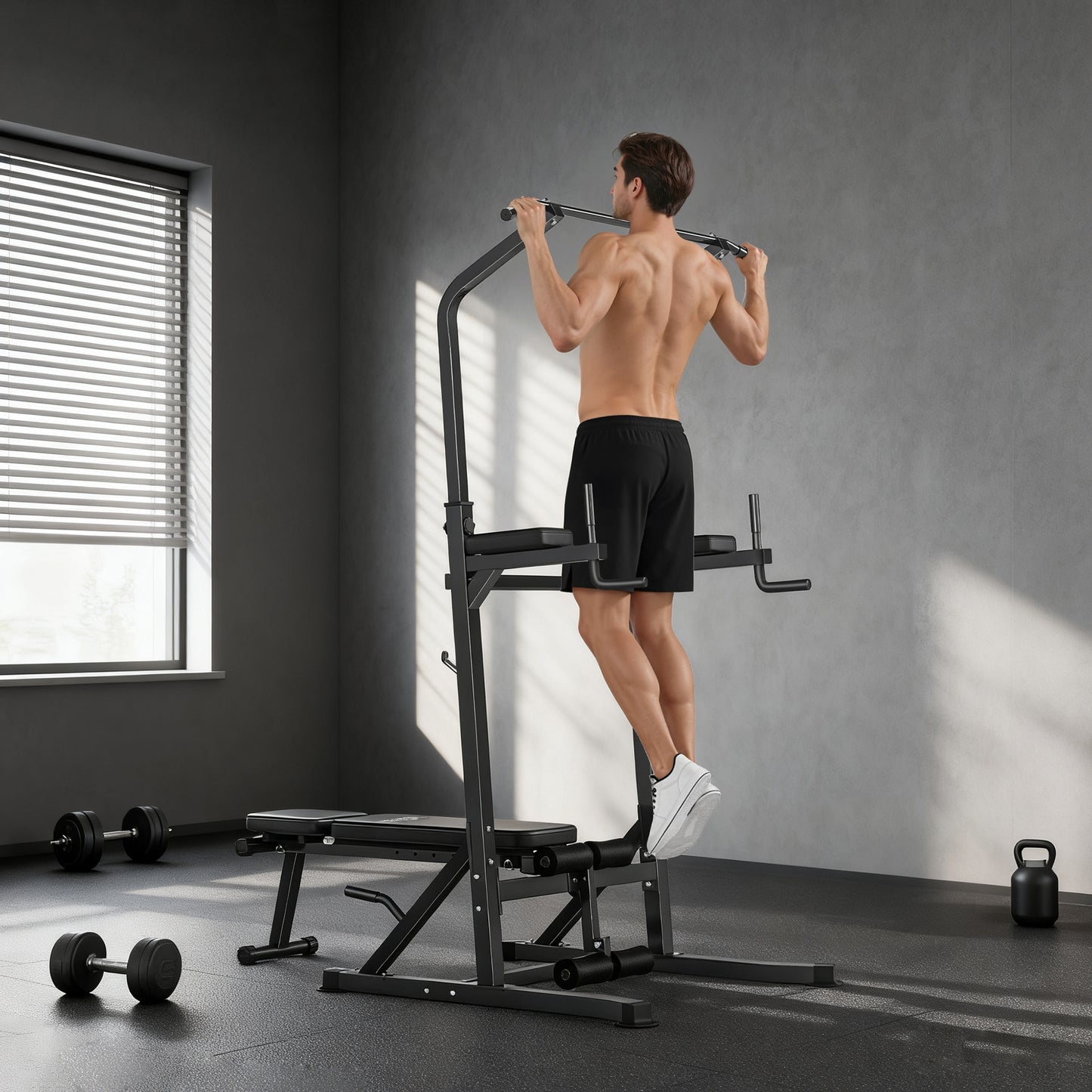 HOMCOM Pull Up Station with Adjustable Weight Bench, Dip Station and Barbell Rack, Multi-Function Power Tower Free Standing Pull Up Bar for Home Gym