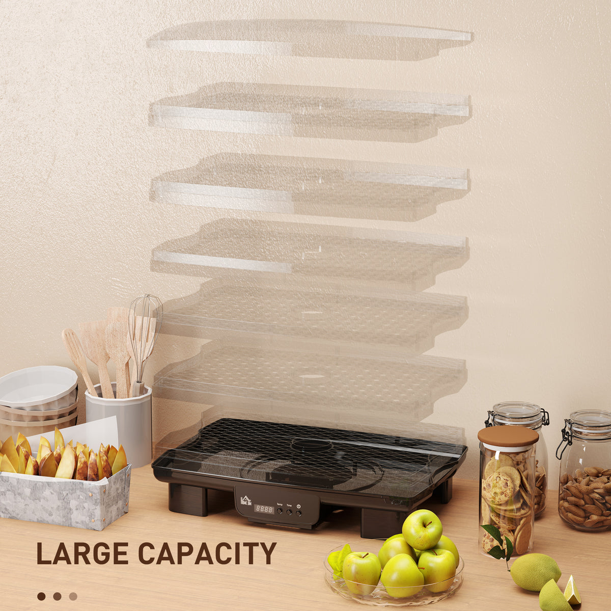 HOMCOM food dehydrator with removable clear trays shown above the base
