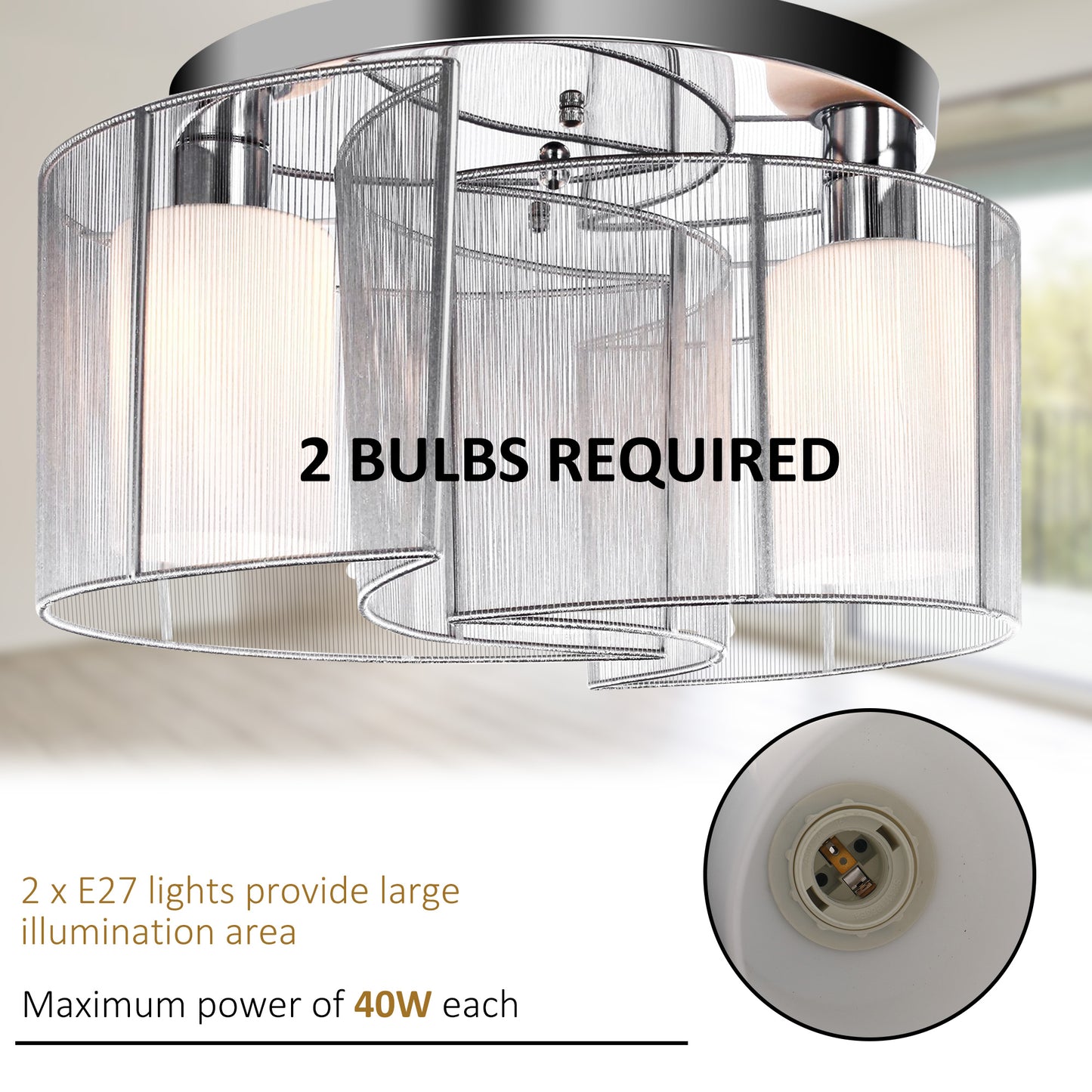 HOMCOM Modern Chandelier, Semi-Flush Mount Ceiling Light with Glass Lampshade, 2 x E27 Bulb Base for Hallway, Dining Room, Living Room, White and Silver