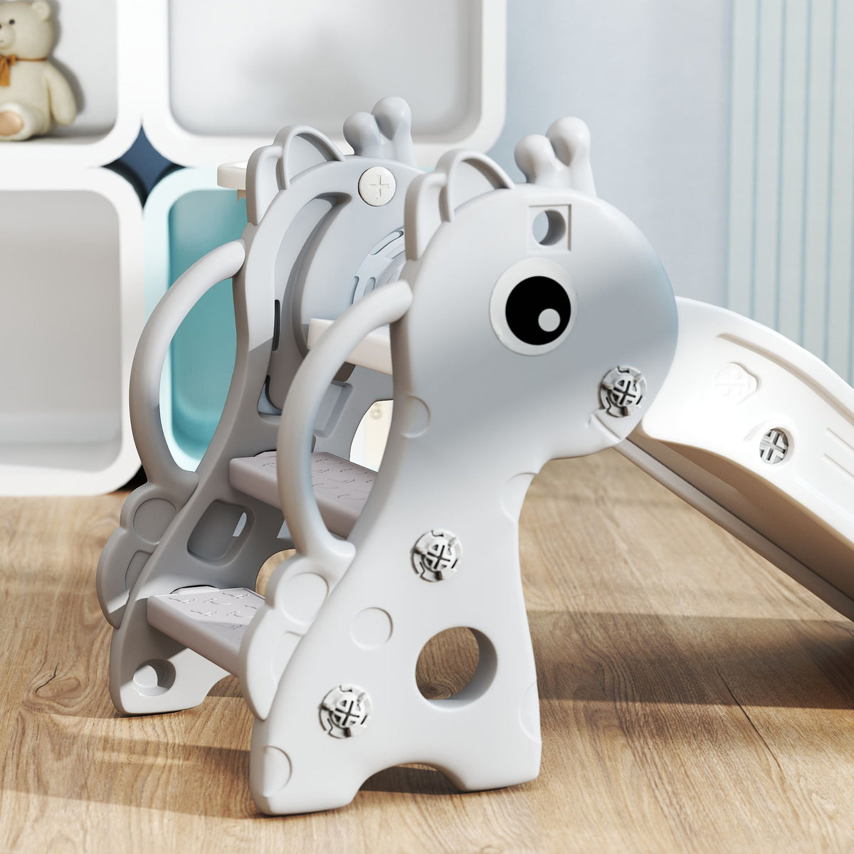 AIYAPLAY 3 in 1 Kids Slide with Climber, Basketball Hoop and Ball, Giraffe Shape Climber Slide for Indoor Kids Age 1-3, Grey