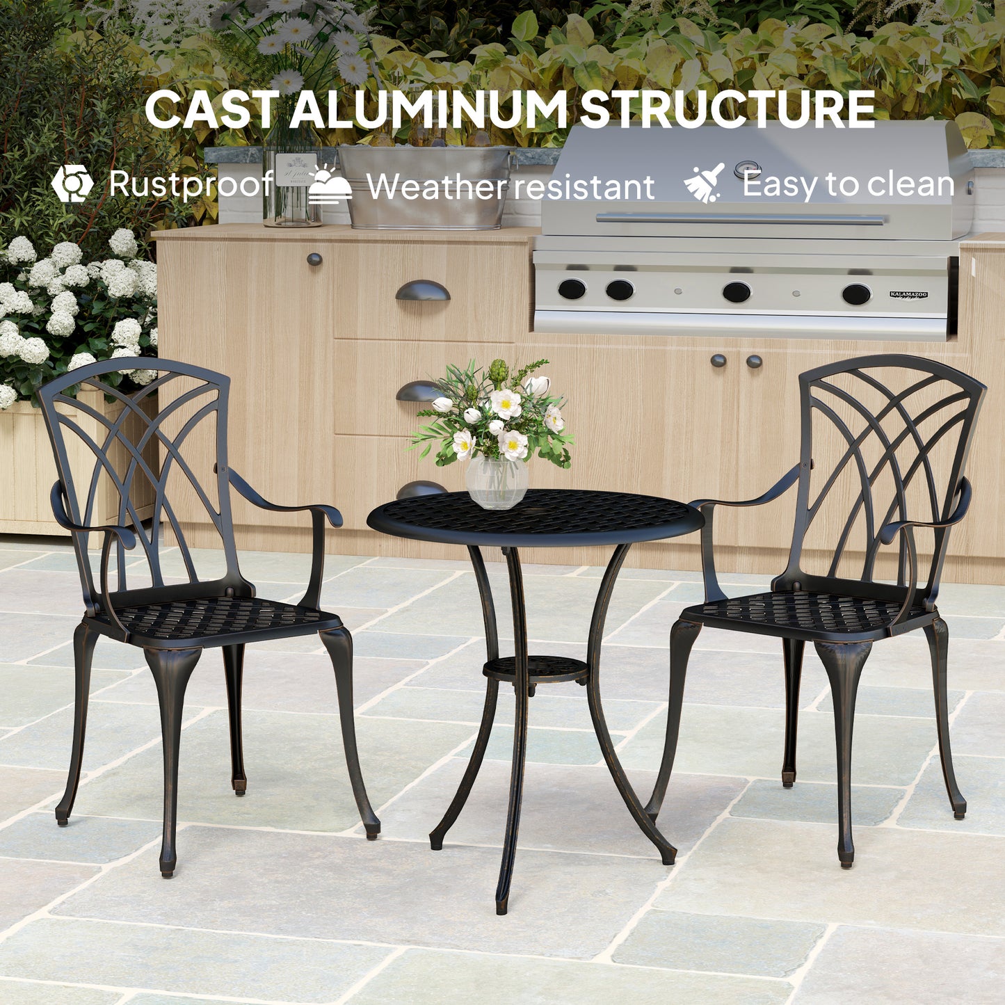 Outsunny 3 Pieces Garden Dining Set for 2, Cast Aluminium Outdoor Dining Set with 2 Armchairs and Round Dining Table with Parasol Hole, Garden Furniture Bistro Set, Bronze Tone