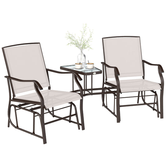 Brown metal glider chair set with beige seats and backs, plus a glass-top center table