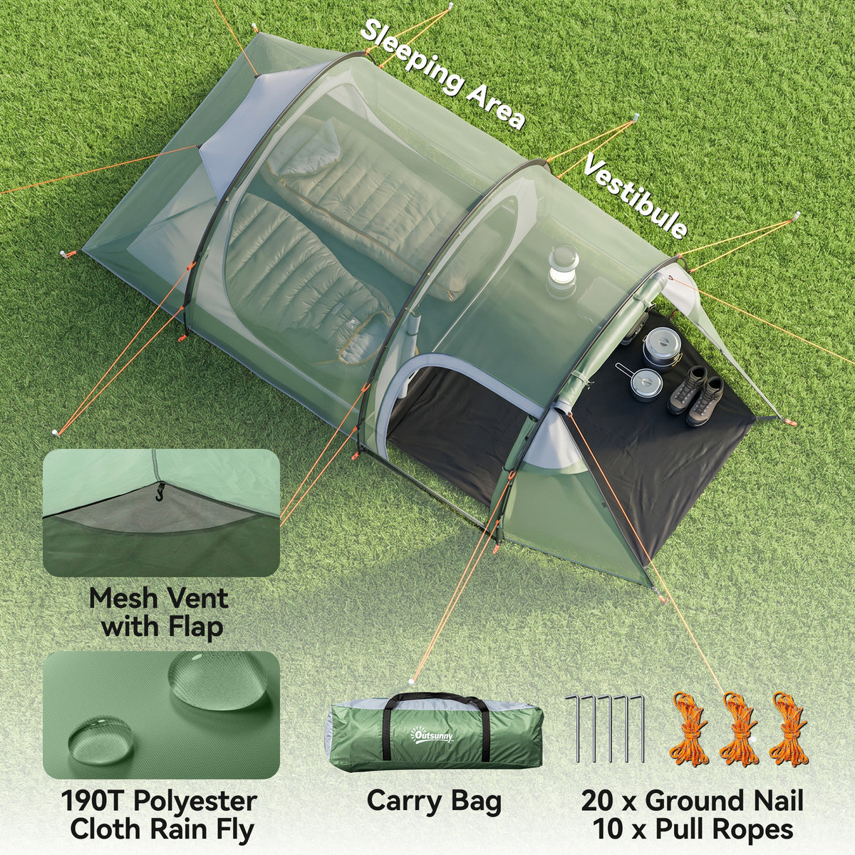 Outsunny 2 Man Tunnel Tent with Sewn-in Groundsheet, Air Vents, Rainfly, 2000mm Large Camping Tent with Bedroom, Porch, Living Area for Camping, Hiking, 426L x 206W x 154H cm, Dark Green