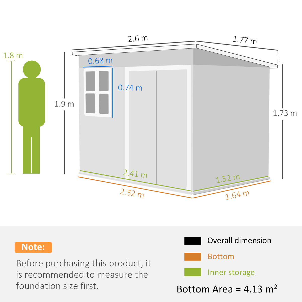Outsunny garden shed dimension diagram showing footprint, height and window measurements