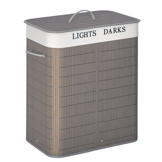 Closed gray laundry hamper with lid, rope handles, and labeled two-section liner
