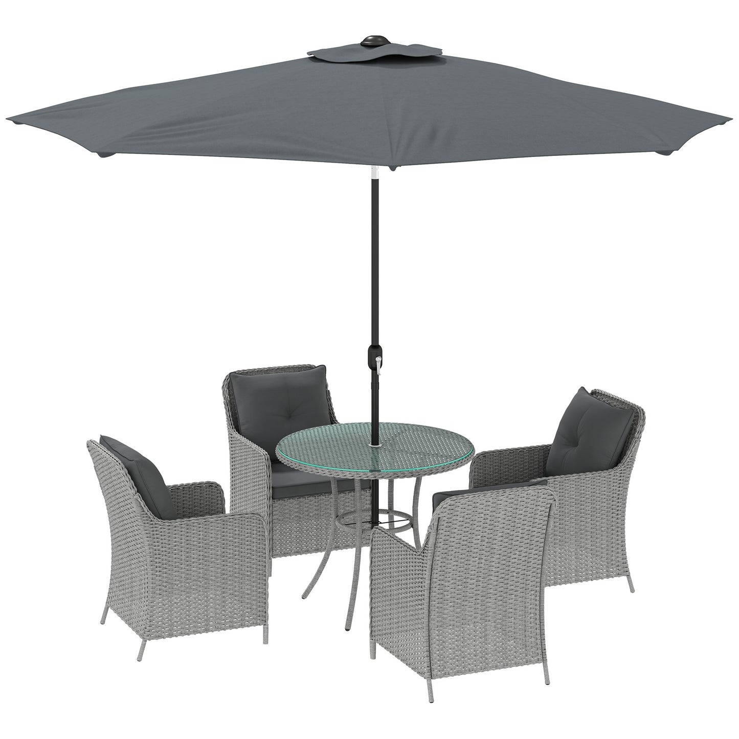 Photo of Outsunny 4 Seater Rattan Dining Set with Parasol & Cushions - Light Grey in Grey colour on a white background