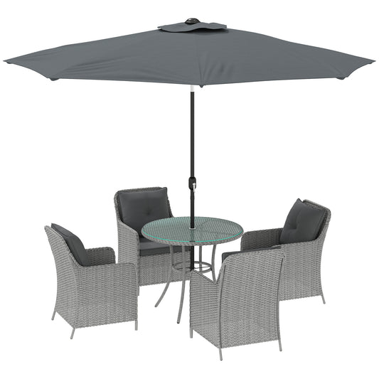 Photo of Outsunny 4 Seater Rattan Dining Set with Parasol & Cushions - Light Grey in Grey colour on a white background