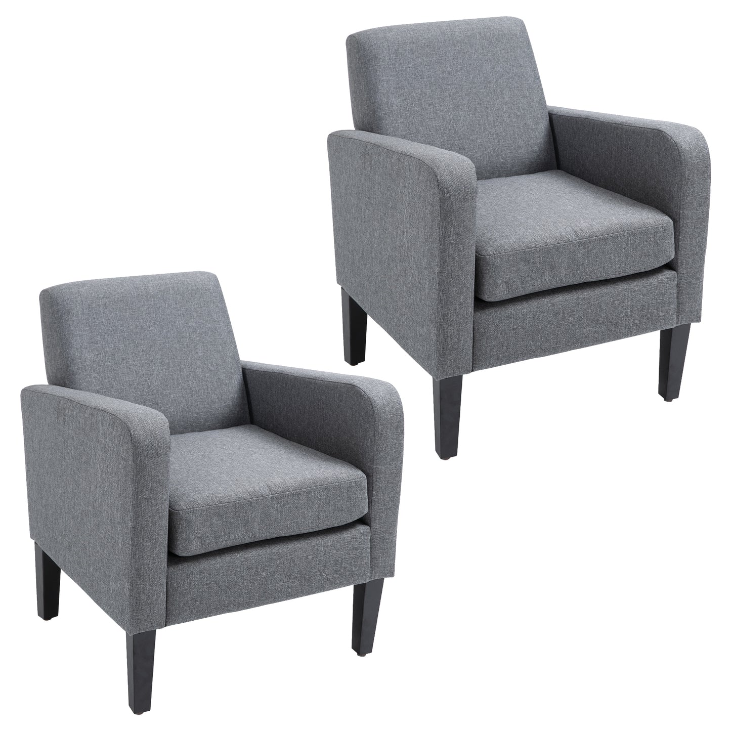 Photo of HOMCOM 2 Pieces Modern Armchairs with Rubber Wood Legs, Upholstered Accent Chairs, Single Sofa for Living Room, Bedroom, Grey in Grey colour on a white background