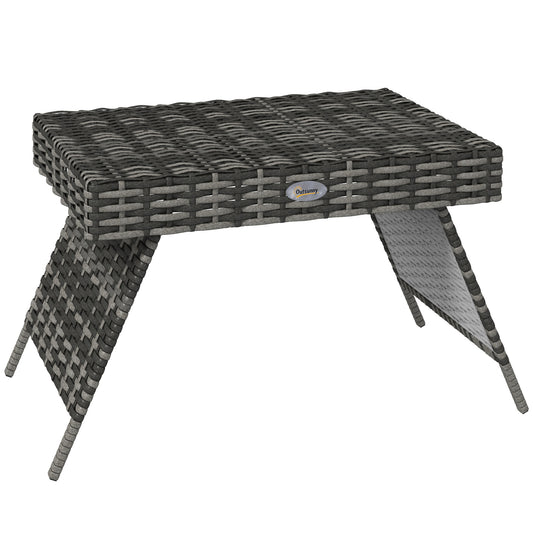 Photo of Outsunny Foldable Outdoor Side Table, Rattan Garden Coffee Table with Steel Frame, Space Saving Bistro Garden Furniture for Patio, Balcony, 60 x 41 x 41 cm, Mixed Grey in Grey colour on a white background