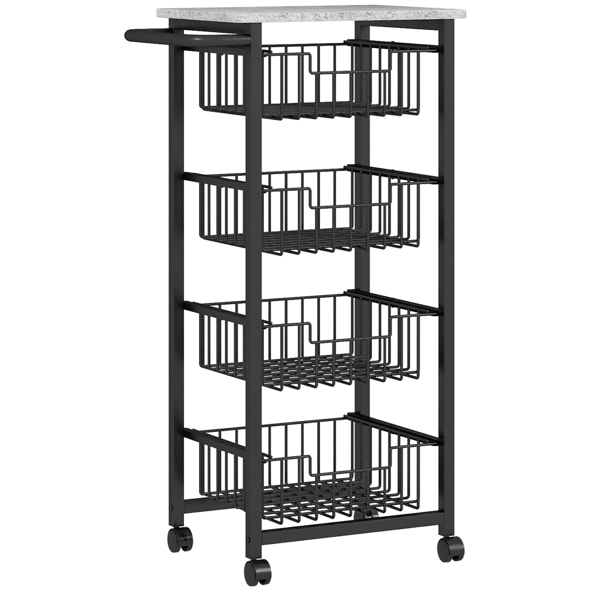 HOMCOM mobile kitchen island with gray top, black frame, four wire baskets, and caster wheels