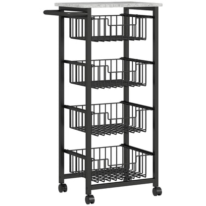 HOMCOM mobile kitchen island with gray top, black frame, four wire baskets, and caster wheels