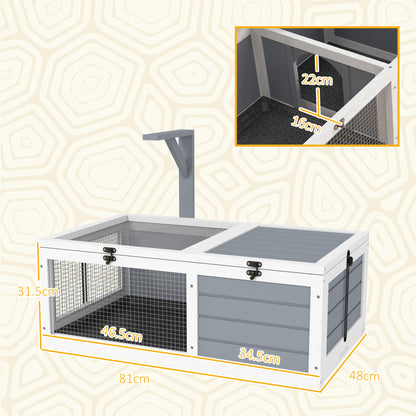 PawHut tortoise enclosure with dimensions, mesh section, covered compartment, and lamp holder