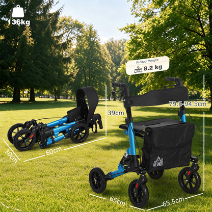 HOMCOM blue rollator shown folded and upright, with dimensions and weight labels