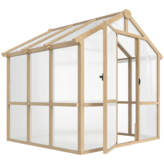 Photo of Outsunny 6.6 x 6ft Polycarbonate Greenhouse, Walk-in Wooden Greenhouse with Lockable Door and Window, Garden Plants Grow House, Brown in Brown colour on a white background