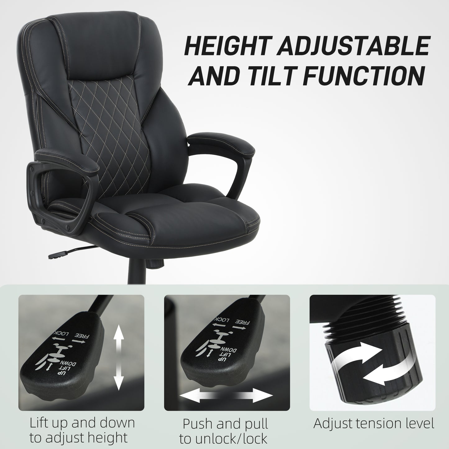 HOMCOM High Back Executive Office Chair, PU Leather Swivel Desk Chair with Tilt Function, Armrests and Adjustable Height for Home Office, Black