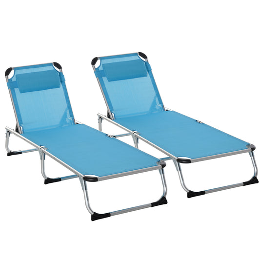 Photo of Outsunny Foldable Outdoor Sun Loungers Set of 2, Reclining Lounge Chair Camping Bed Cot with Pillow 4-Level Adjustable Back Aluminium Frame, Blue in Blue colour on a white background