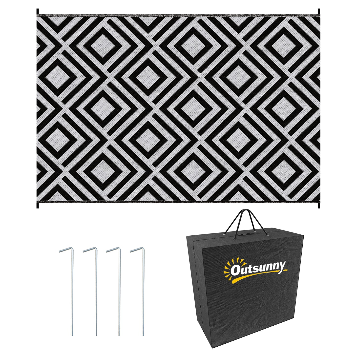 Photo of Outsunny Reversible Outdoor Rug, Plastic Straw Mat w/ Carry Bag Ground Stakes for Garden RV Picnic Beach Camping 182x274cm Black in Black colour on a white background