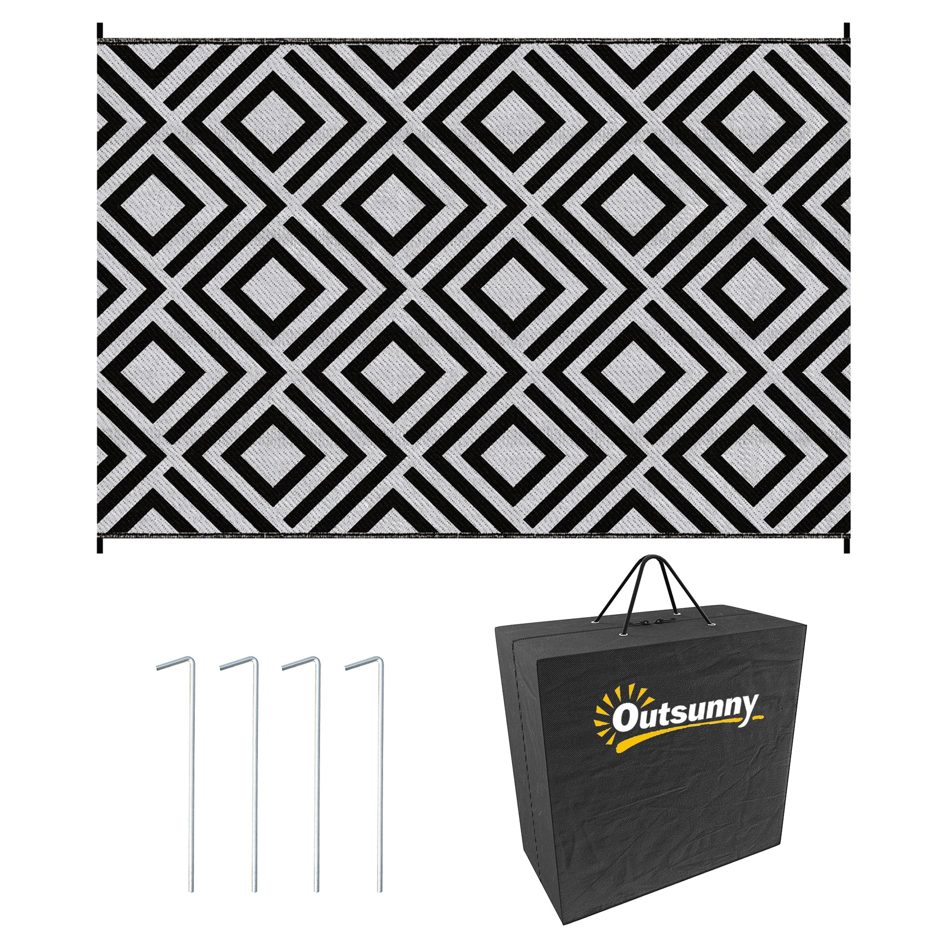 Photo of Outsunny Reversible Outdoor Rug, Plastic Straw Mat w/ Carry Bag Ground Stakes for Garden RV Picnic Beach Camping 182x274cm Black in Black colour on a white background