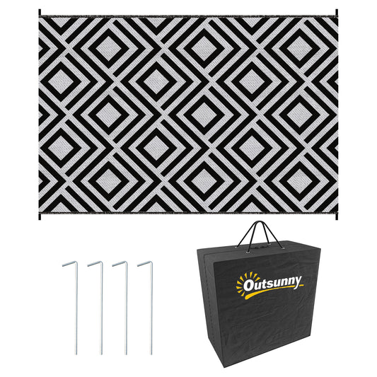 Photo of Outsunny Reversible Outdoor Rug, Plastic Straw Mat w/ Carry Bag Ground Stakes for Garden RV Picnic Beach Camping 182x274cm Black in Black colour on a white background