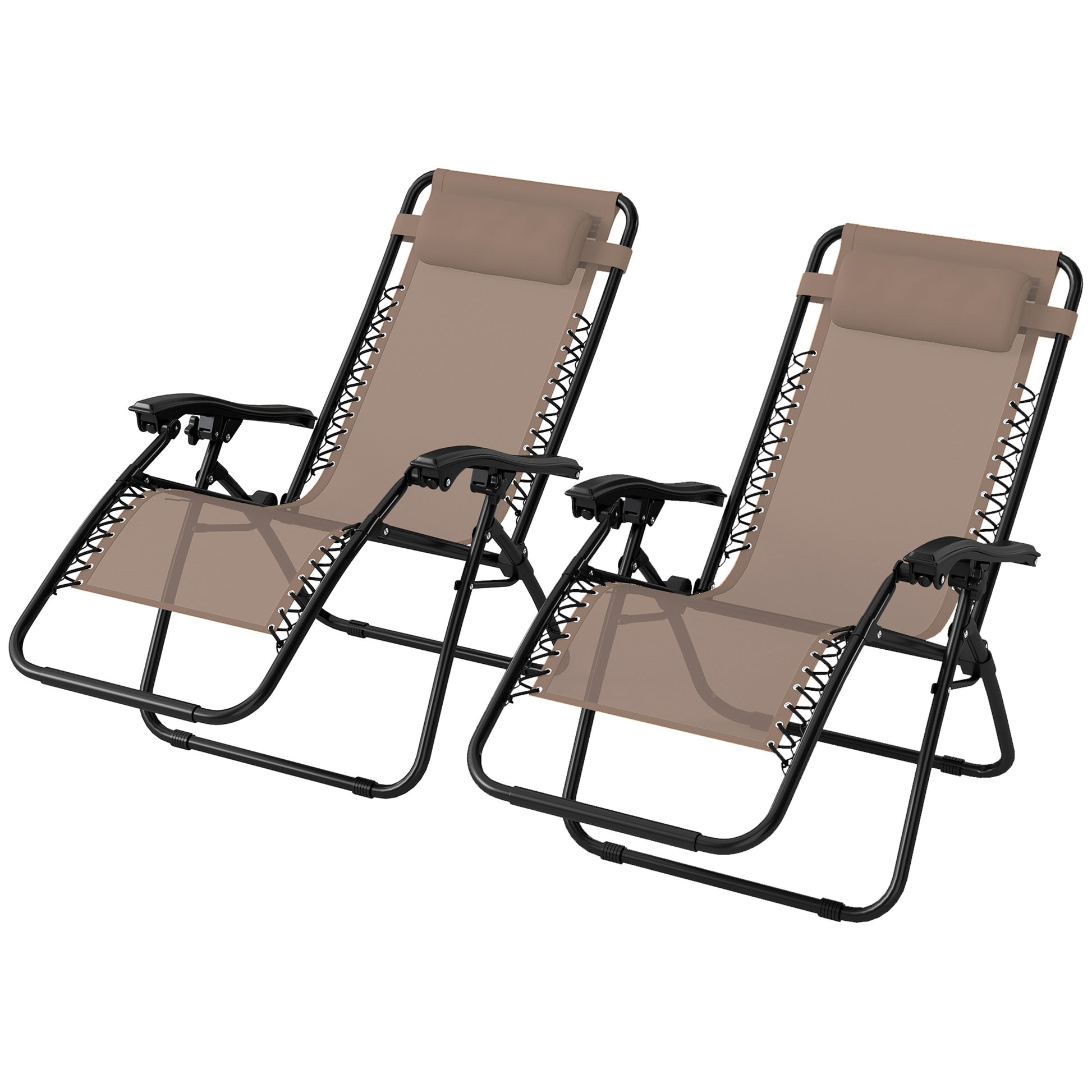 Photo of Outsunny Zero Gravity Chair Set of 2, Metal Frame Texteline Armchair Outdoor Folding and Reclining Sun Lounger with Head Pillow for Patio Decking Gardens Camping, Beige in Beige colour on a white background