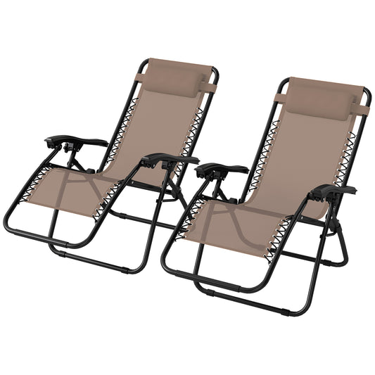 Photo of Outsunny Zero Gravity Chair Set of 2, Metal Frame Texteline Armchair Outdoor Folding and Reclining Sun Lounger with Head Pillow for Patio Decking Gardens Camping, Beige in Beige colour on a white background
