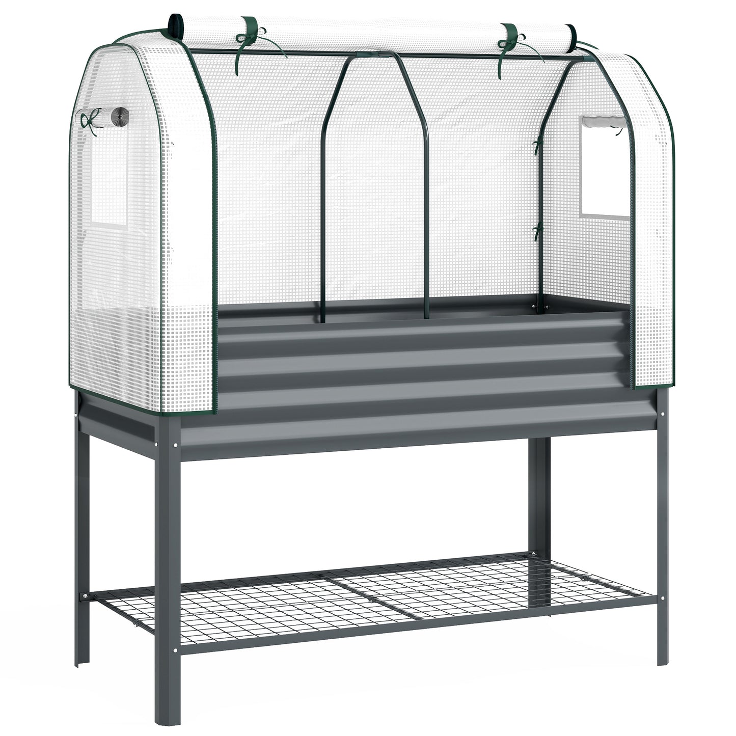 Photo of Outsunny Galvanised Raised Planter with Greenhouse Cover, Metal Raised Garden Bed on Legs with Bed Liner and Bottom Shelf in Shelf colour on a white background