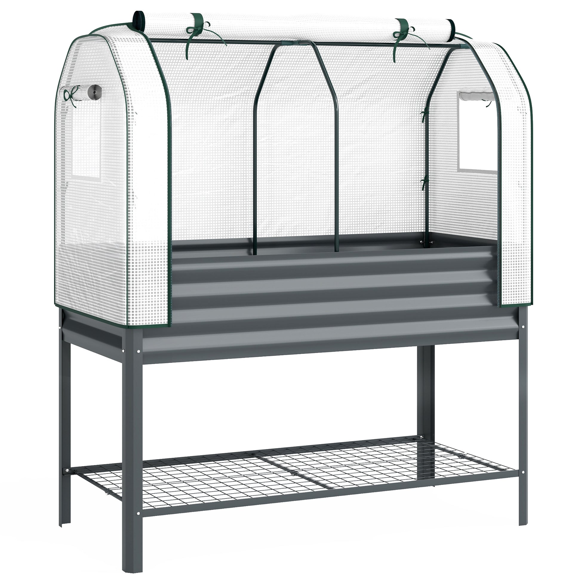 Photo of Outsunny Galvanised Raised Planter with Greenhouse Cover, Metal Raised Garden Bed on Legs with Bed Liner and Bottom Shelf in Shelf colour on a white background