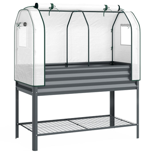 Photo of Outsunny Galvanised Raised Planter with Greenhouse Cover, Metal Raised Garden Bed on Legs with Bed Liner and Bottom Shelf in Shelf colour on a white background