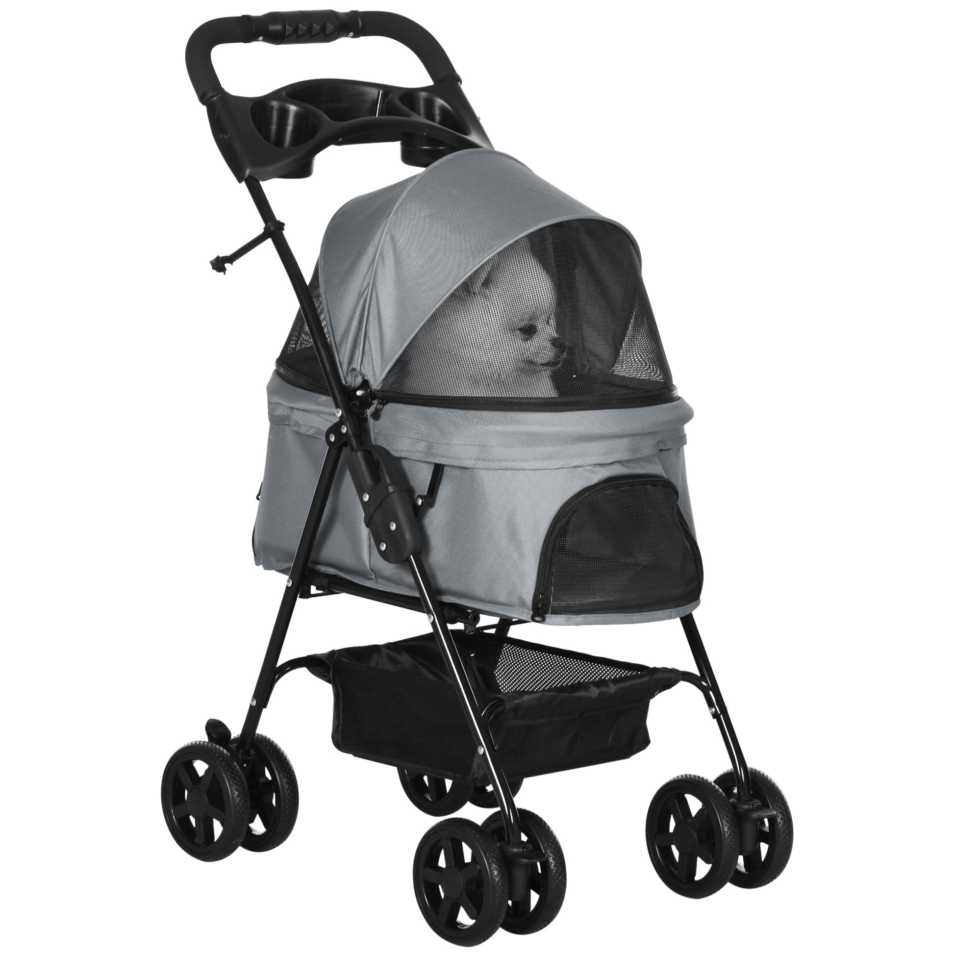 Photo of PawHut Dog Pram Dog Stroller Foldable Pet Pushchair with 4 Wheels, Safety Leashes, Cup Holder for Small Dogs, Grey in Grey colour on a white background
