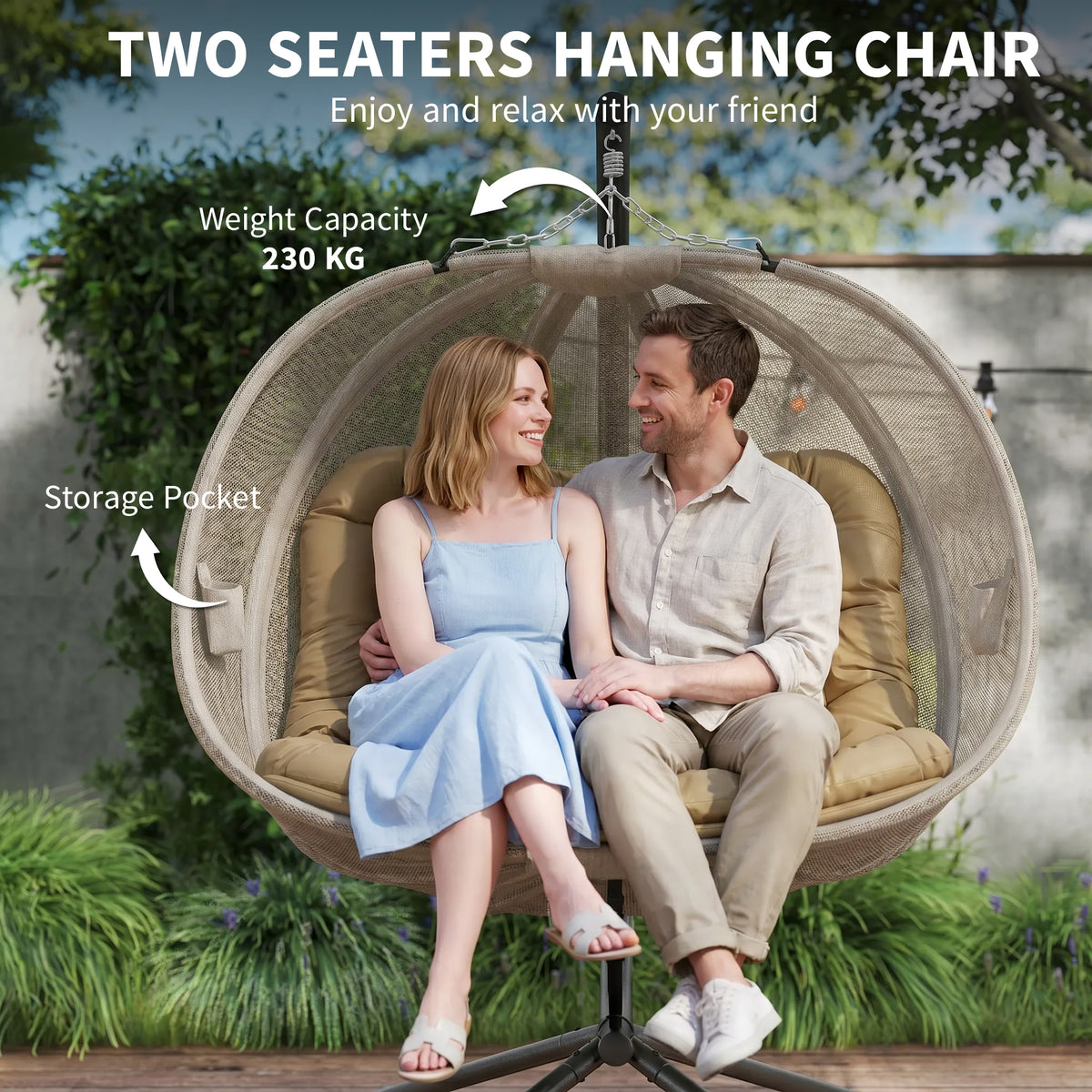 Outsunny double hanging egg chair with two people seated on brown cushions
