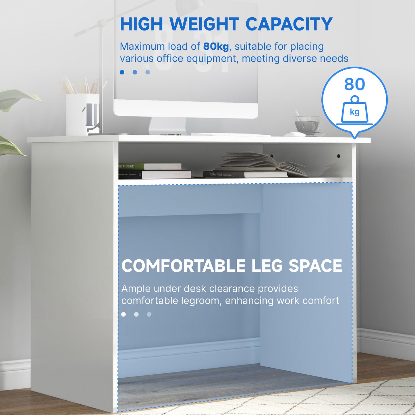 HOMCOM 90 x 50cm Computer Table, Modern Home Office Desk, Small Writing Desk with Storage Shelf, High Gloss White